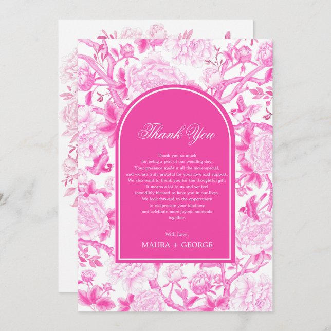 Classy Fuchsia Pink Chinoiserie Wedding Photo Thank You Card (Front/Back)