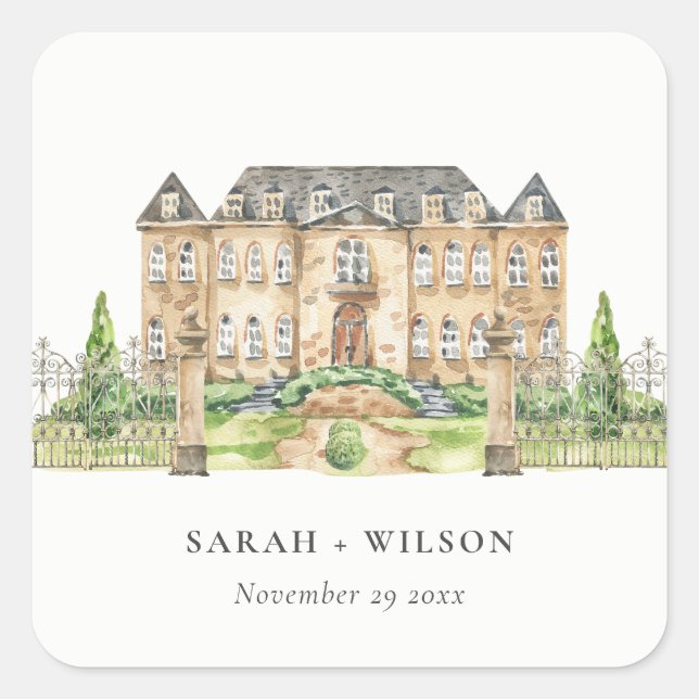 Classy Garden Chateau Manor Watercolor Wedding Square Sticker (Front)