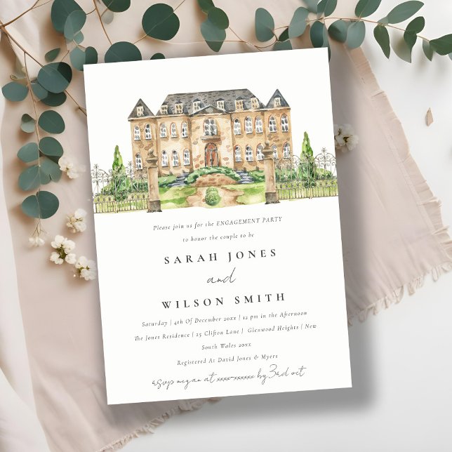 Classy Garden Chateau Watercolor Engagement Invite (Creator Uploaded)