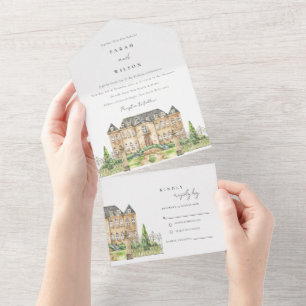Classy Garden Chateau Watercolor Wedding Invite