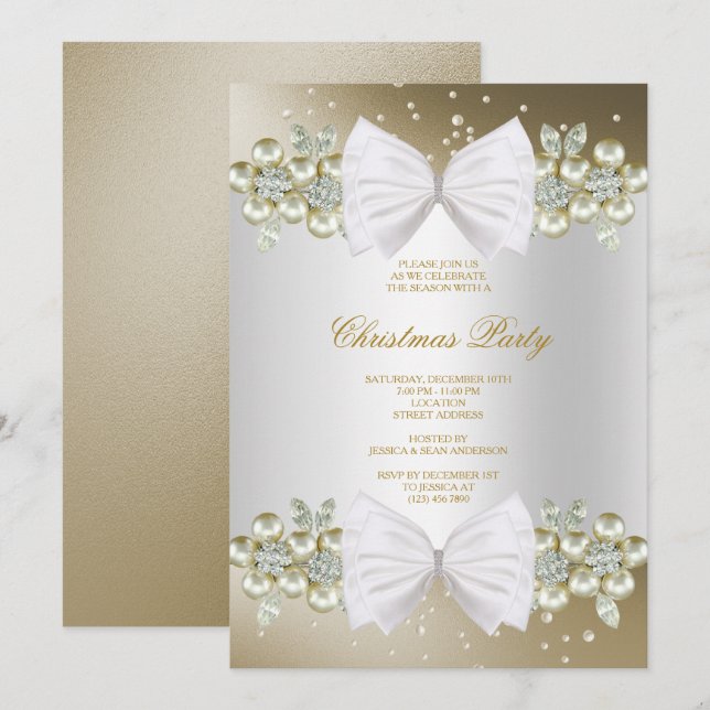 Classy Gems & Bow Gold Christmas Invitation (Front/Back)