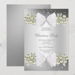 Classy Gems & Bow Silver Christmas Invitation