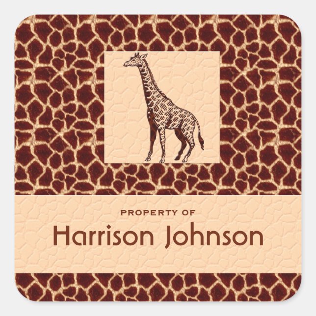 Classy Giraffe Print with Property Text Square Sticker (Front)