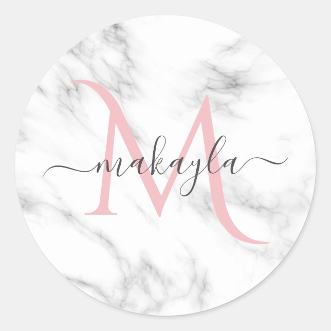 Classy Girly Luxury Marble Design Name Monogram Classic Round Sticker (Front)