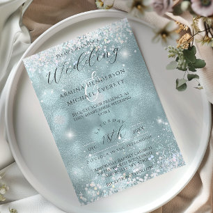 Classy Glamourous Blue Glitter Photo Wedding Invitation