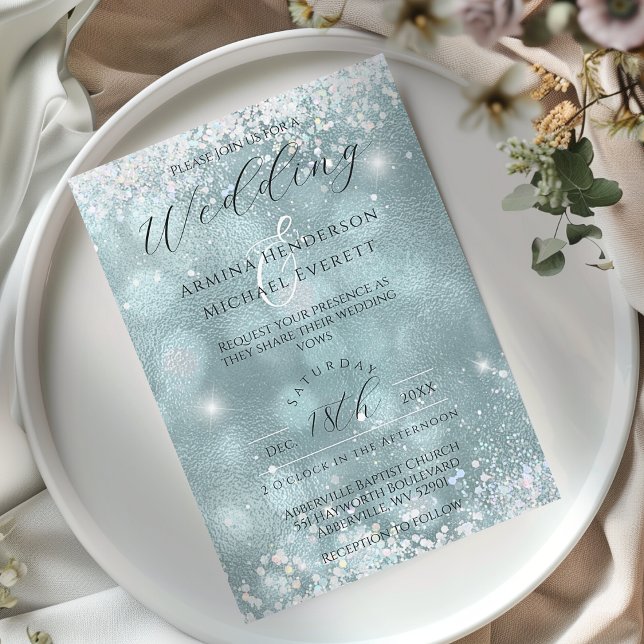 Classy Glamourous Blue Glitter Photo Wedding Invitation (Creator Uploaded)