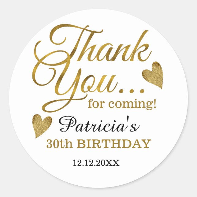 Classy Gold 30th Birthday Thank You Classic Round Sticker (Front)