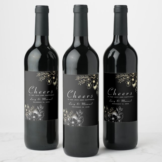 Classy Gold and Black Wedding Wine Label (Bottles)
