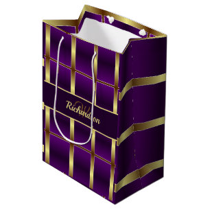 Classy Gold And Purple Chequered Monogrammed Medium Gift Bag