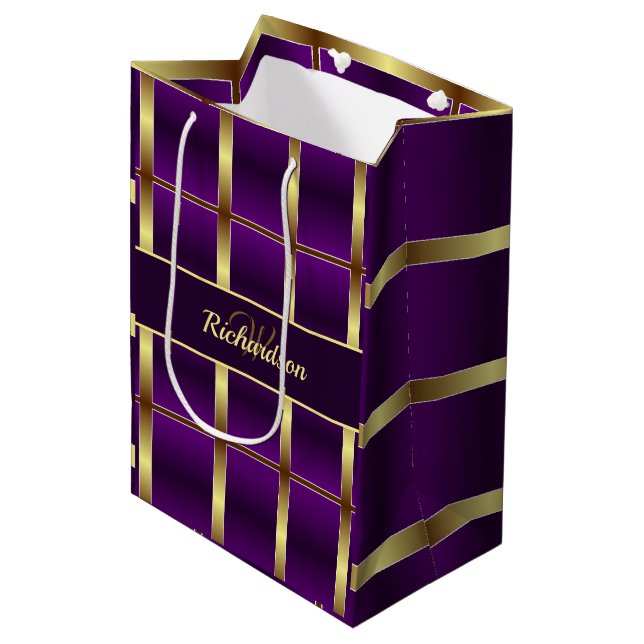 Classy Gold And Purple Chequered Monogrammed Medium Gift Bag (Front Angled)