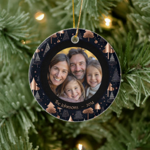 Classy Gold & Black Christmas Tree Family Photo Ceramic Tree Decoration