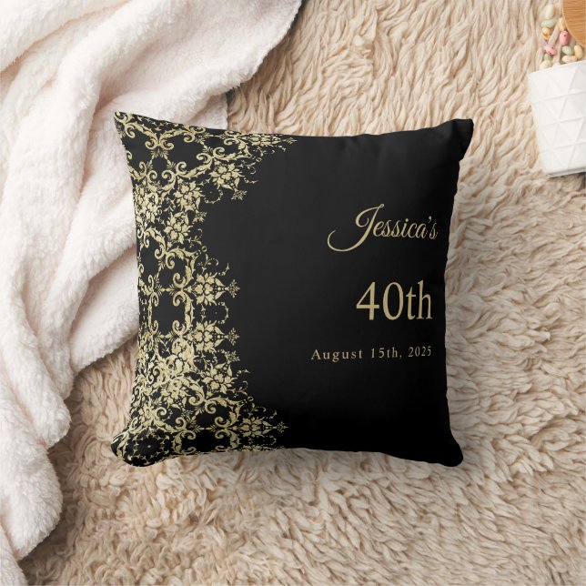 Classy Gold & Black Damask 40th Birthday Cushion (Blanket)