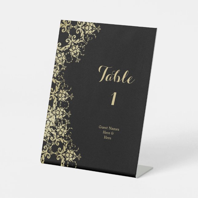 Classy Gold & Black Damask Birthday Table Number Pedestal Sign (Front)