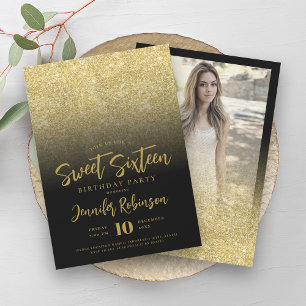 Classy Gold Black Glitter Photo Sweet 16 Invitation