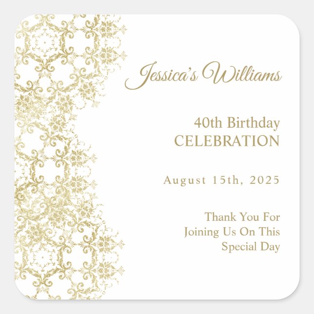 Classy Gold Damask 40th Birthday Square Sticker (Front)