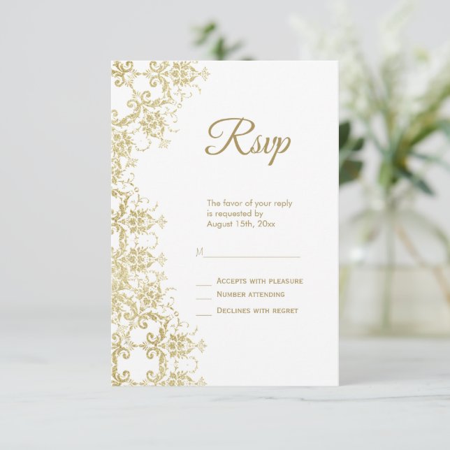 Classy Gold Damask Birthday RSVP Card (Standing Front)