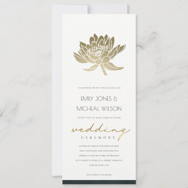 CLASSY GOLD EMERALD GREEN LOTUS FLORAL WEDDING INVITATION (Front)