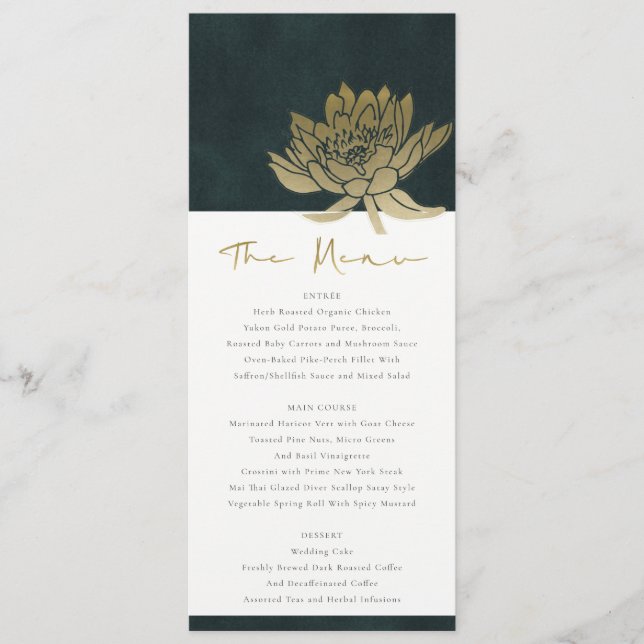 CLASSY GOLD EMERALD GREEN LOTUS FLORAL WEDDING MENU (Front)