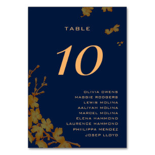 Classy Gold Floral Navy blue Guest Names Table Number