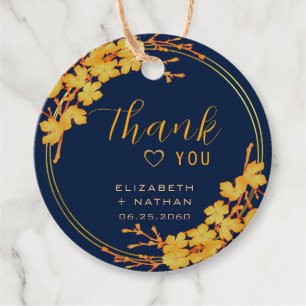 Classy Gold Floral Navy Blue Wedding Thank You Favour Tags