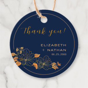 Classy Gold Floral Navy Blue Wedding Thank You Favour Tags
