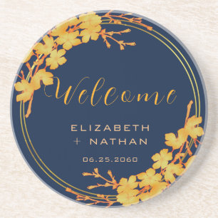 Classy Gold Floral Navy Blue Wedding Welcome Coaster