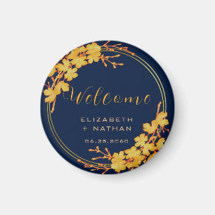 Classy Gold Floral Navy Blue Wedding welcome Magnet