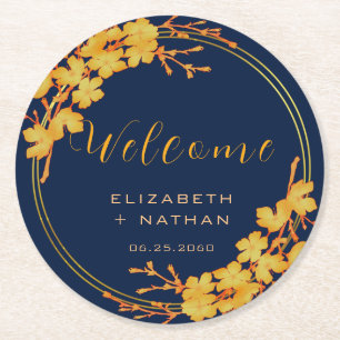 Classy Gold Floral Navy Blue Wedding Welcome Round Paper Coaster