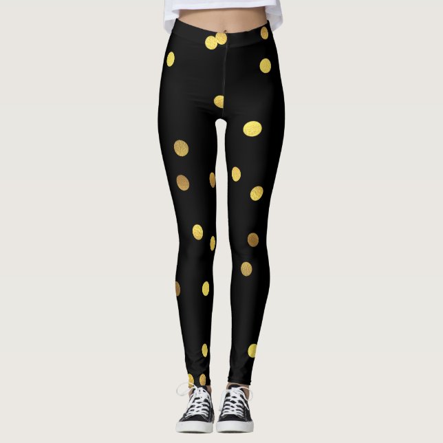 Classy Gold Foil Confetti Black Leggings (Front)