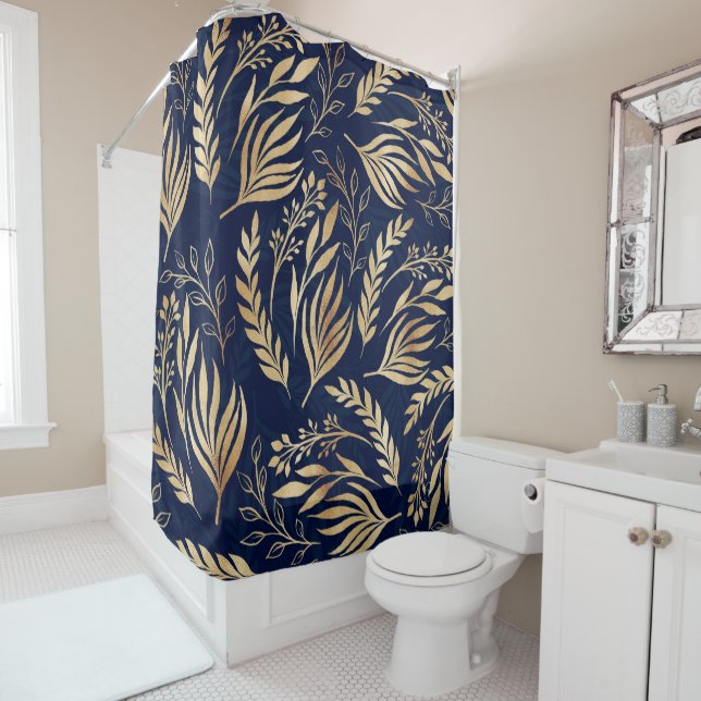 Classy Gold Foliage Botanical Blue Design Shower Curtain (In Situ)