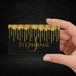 Classy Gold Glitter Drips Script Business Card
