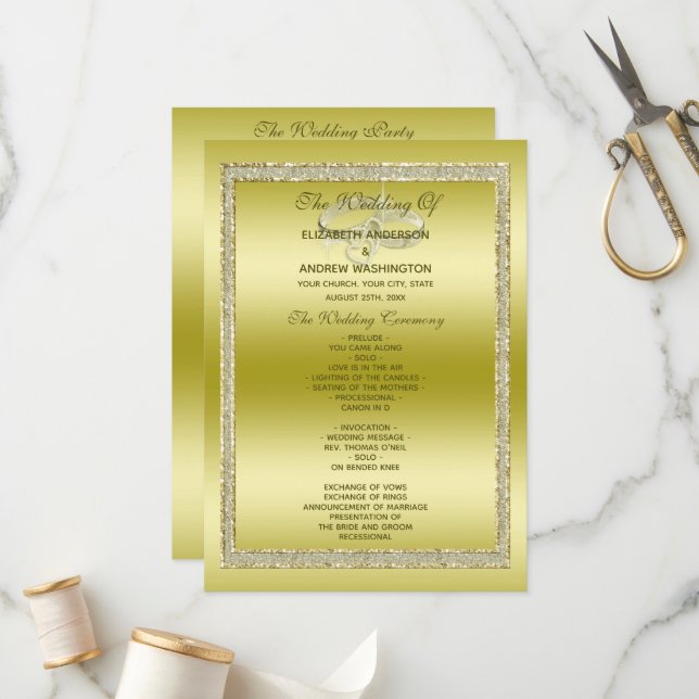 Classy Gold Glitter & Wedding Rings Program Programme (Front/Back In Situ)