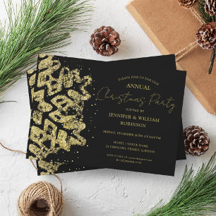 Classy Gold Glitter Xmas Snowflake Holiday Black Invitation