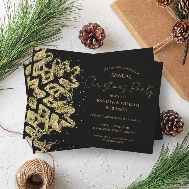 Classy Gold Glitter Xmas Snowflake Holiday Black Invitation (Classy Gold Glitter Xmas Snowflake Holiday Black Invitation)