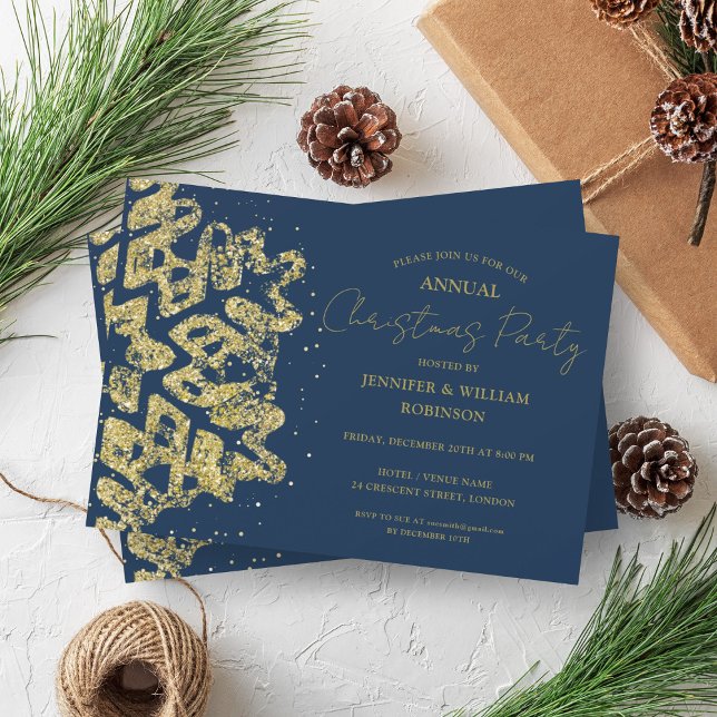 Classy Gold Glitter Xmas Snowflake Holiday Navy Invitation (Classy Gold Glitter Xmas Snowflake Holiday Navy Invitation)