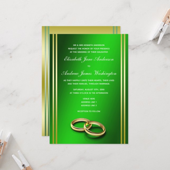 Classy Gold & Green, Wedding Rings Wedding Invitation (Front/Back In Situ)