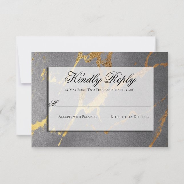Classy Gold & Grey Marble Look RSVP Card (Front)