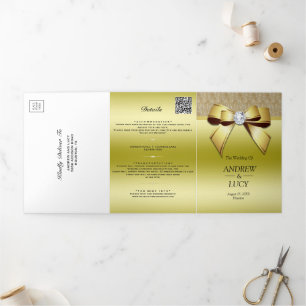 Classy Gold Jewel Gem Bow QR Code Wedding Tri-Fold Invitation