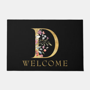 Classy Gold Monogram D with Pink Florals Doormat