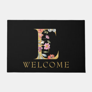 Classy Gold Monogram E with Pink Florals Doormat