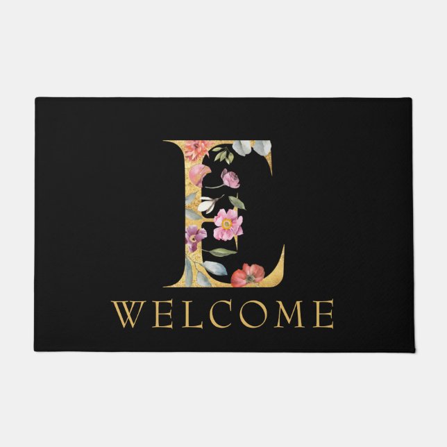 Classy Gold Monogram E with Pink Florals Doormat (Front)