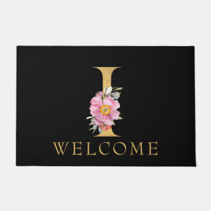 Classy Gold Monogram i with Pink Florals Doormat