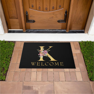 Classy Gold Monogram K with Pink Florals Doormat