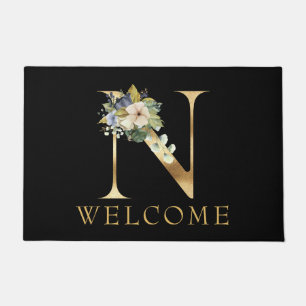 Classy Gold Monogram N with Floral Arrangement Doormat