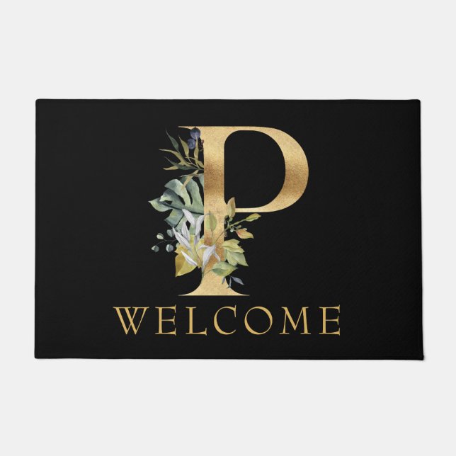 Classy Gold Monogram P with Floral Arrangement Doormat (Front)