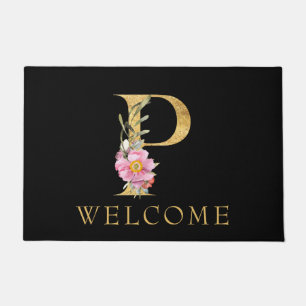 Classy Gold Monogram P with Pink Florals Doormat