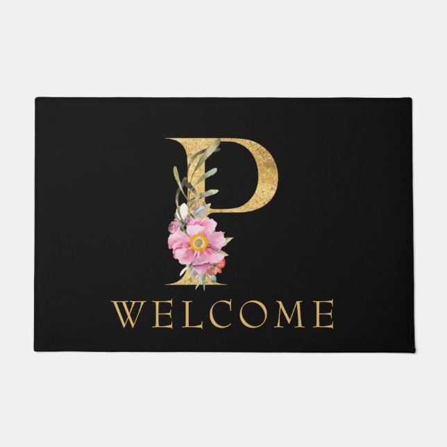 Classy Gold Monogram P with Pink Florals Doormat (Front)