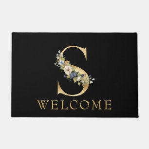 Classy Gold Monogram S with Floral Arrangement Doormat