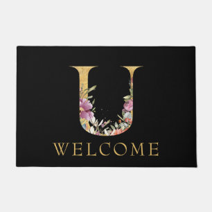 Classy Gold Monogram U with Pink Florals Doormat