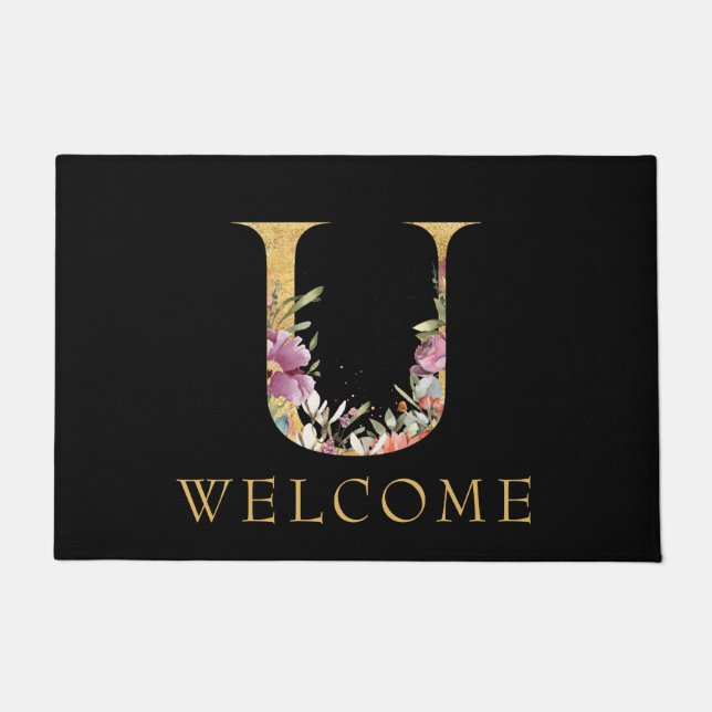 Classy Gold Monogram U with Pink Florals Doormat (Front)